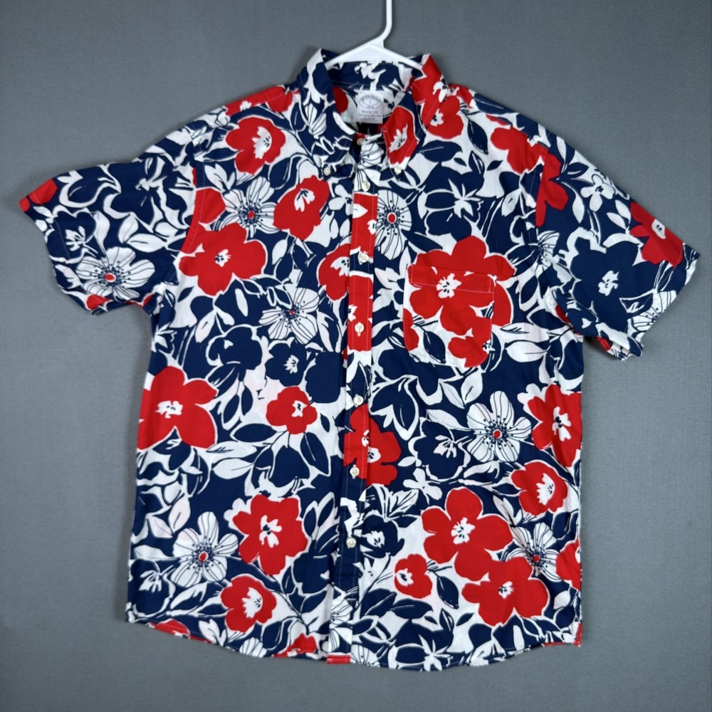 BROOKS BROTHERS Size L Navy Red Floral REGENT Fit Short Sleeve Cotton Shirt